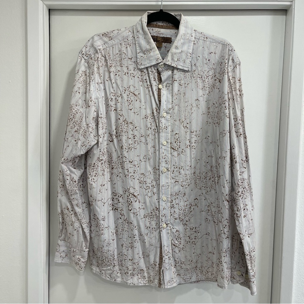 COPY - Blue light blue long sleeve men’s shirt w velvet splatter. XL